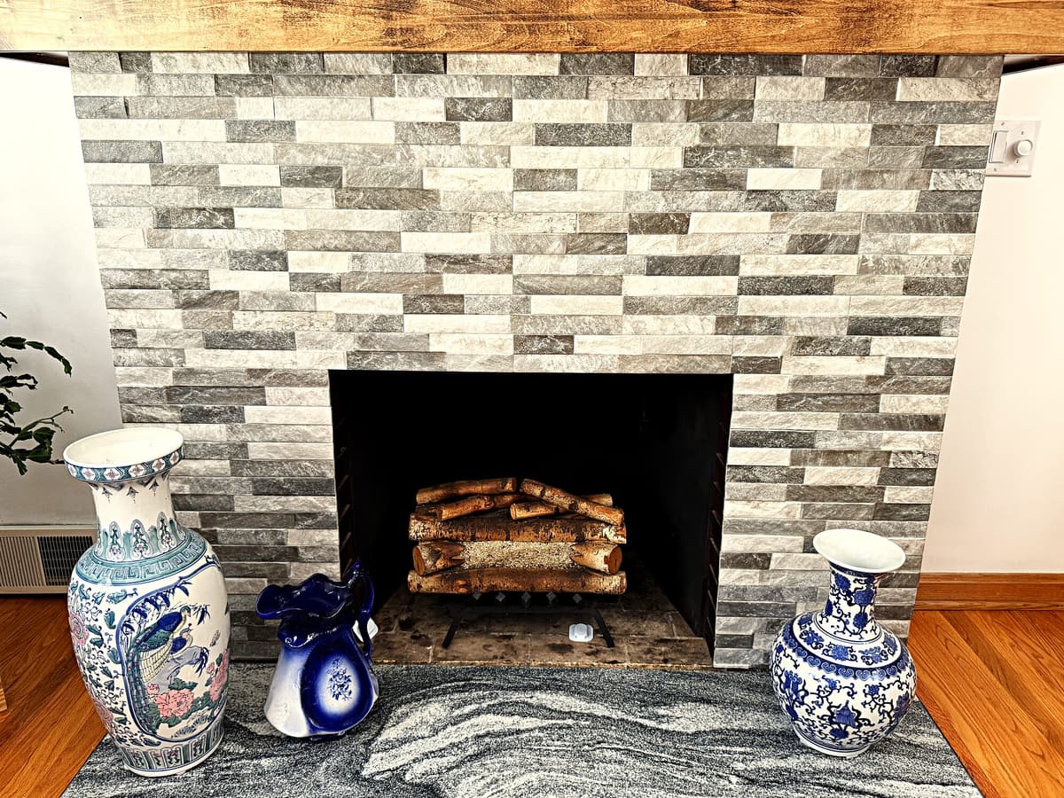 Stacked-stone fireplace by Gene Laughner Construction in Erie, PA